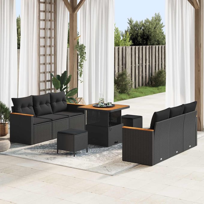 vidaXL - Tuinbank - Set - 9 - pcs - Zwart - poly - rattan