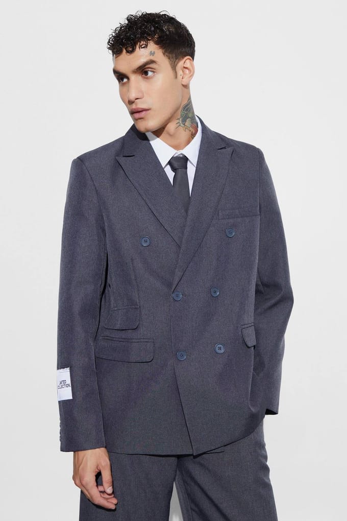 Oversized dubbelrij knopen getextureerde blazer | Grey | Size 40