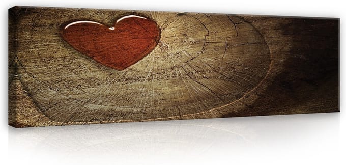 Canvas Schilderij - Rood Hart Op Hout - Hout - Hart - Liefde - Decoratie - Inclusief Frame - 45x145cm (lxb)