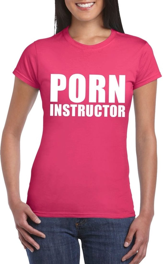 Porn instructor tekst t-shirt roze dames M