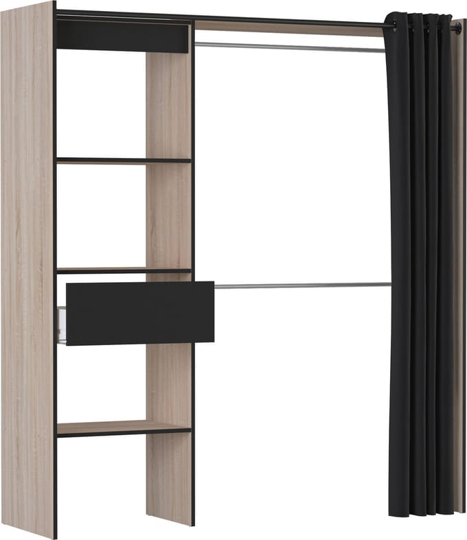 Belfurn - Chicago uitschuifbare dressing kast geborstelde eik en zwart 114<168cm met gordijn