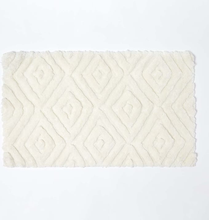Homescapes Ikat antislip hoogpolige badmat 100% katoen, wit