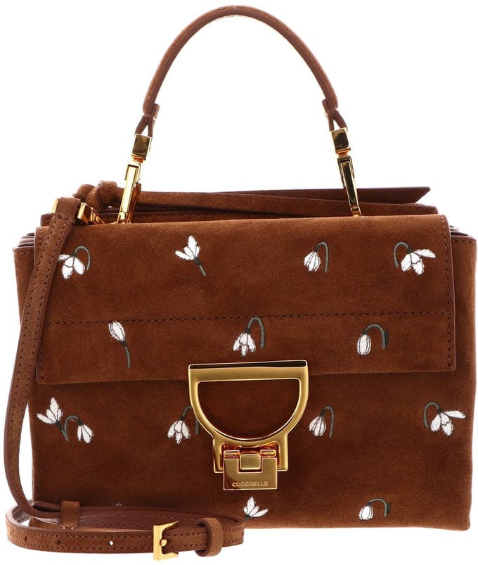 COCCINELLE Leren schoudertas handtas Arlettis Snowdrop Handbag Suede Emb. /Gra.Leather Cognac / Cognac bruine