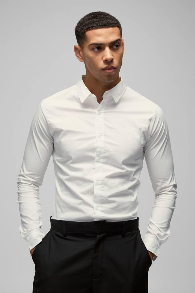 Stretch Fit Shirt met Lange Mouwen | White | Size Large