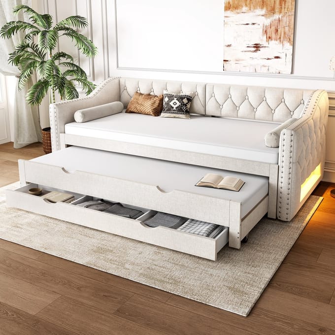 MODFU Ledikant 90x200 cm – beige linnenmix – met LED, uitschuifbed en 3 laden