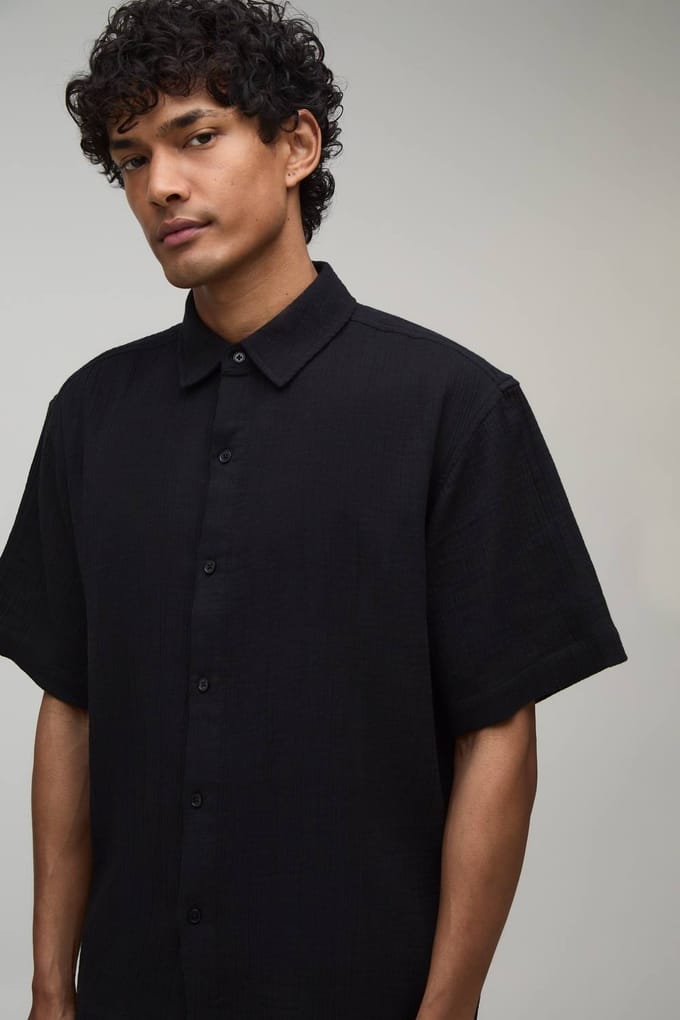 Katoenen Gaas Oversized Shirt & Baggy Short Set | Black | Size Medium