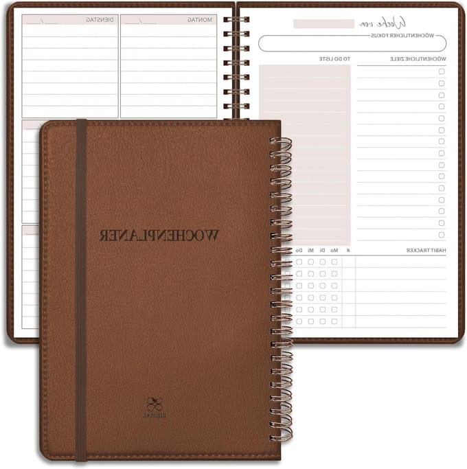Weekplanner met harde kaft in bruin leer - Duitse indeling, ideaal voor organisatie en planning