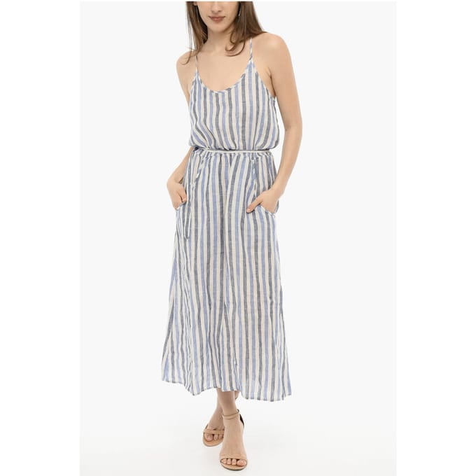 Awning gestreepte linnen maxi-jurk met riem in Bianco, Blu