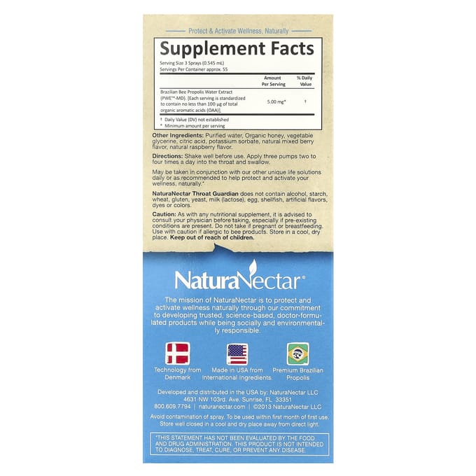NaturaNectar, Keelbeschermer™ Spray, Bijenbes, 1 fl oz (30 ml)