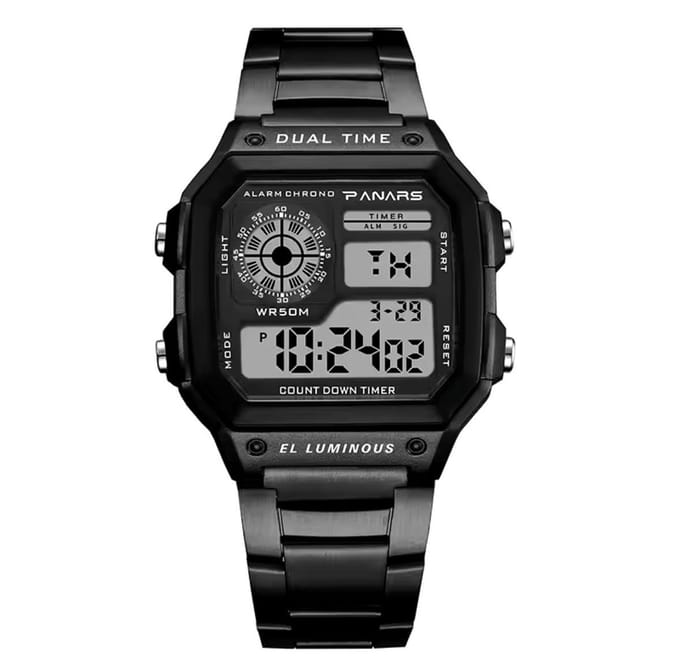Panars - Digitale Herenhorloge - RVS Band - Waterdicht - Achterlicht Digitaal - Zwart