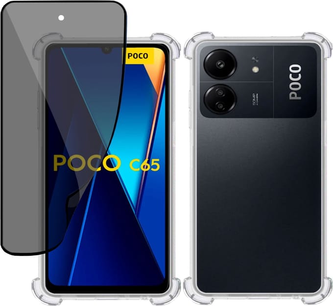Hoesje + Privé Screenprotector geschikt voor Poco C65 – Privacy Tempered Glass - Case Transparant