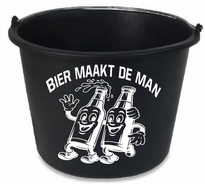 Bedrukte emmer 12 liter - tekst - spreuk - bier - man - afbeelding bierfles -
