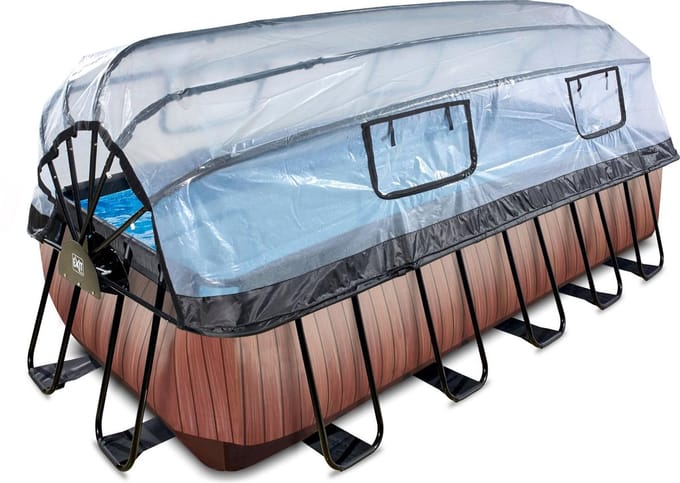 EXIT Wood Frame Zwembad 540x250x122cm - Opzetzwembad - met Zandfilterpomp & Overkapping & Warmtepomp - Rechthoekig - Bruin