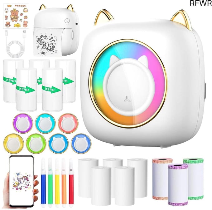 RFWR® Draagbare Mini Thermische Fotoprinter met 14 Rollen Papier - Bluetooth Smart Printer voor iOS en Android