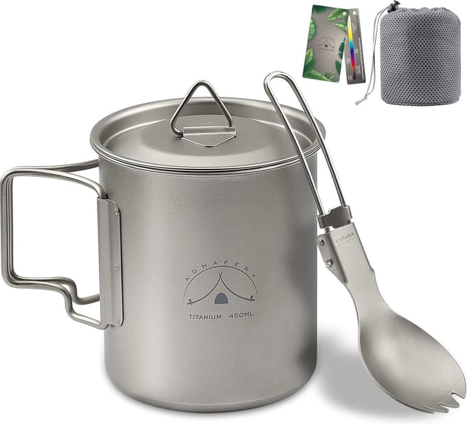 Camping Titanium beker, titanium campingbeker met deksel, 99,8% titanium pan met lepel en draagbare zak (450 ml beker)