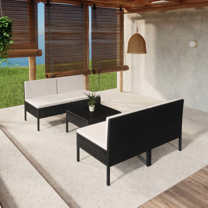vidaXL - 5-delige - Loungeset - met - kussens - poly - rattan - zwart