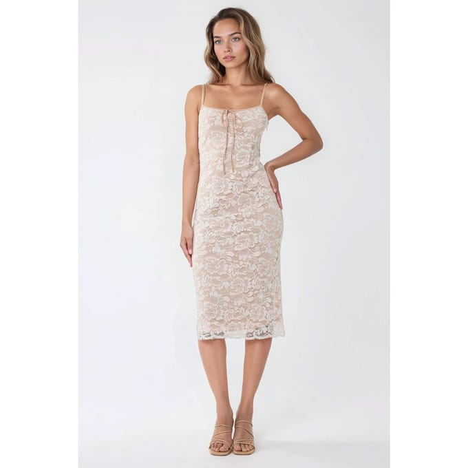 Vierkante Kraag Kant Midi Bodycon Jurk