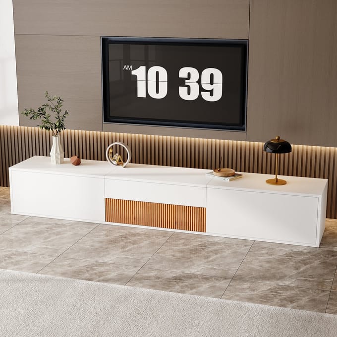 MODFU TV-Meubel - Uitschuifbare Projectorplank - Minimalistisch - Woonkamer - Spaanplaat - Wit - 180 X 34 X 30 Cm