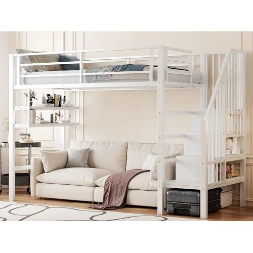 ModernLuxe Loftbed 90x200cm - met opbergtrap - met barrières - wit (zonder matras)