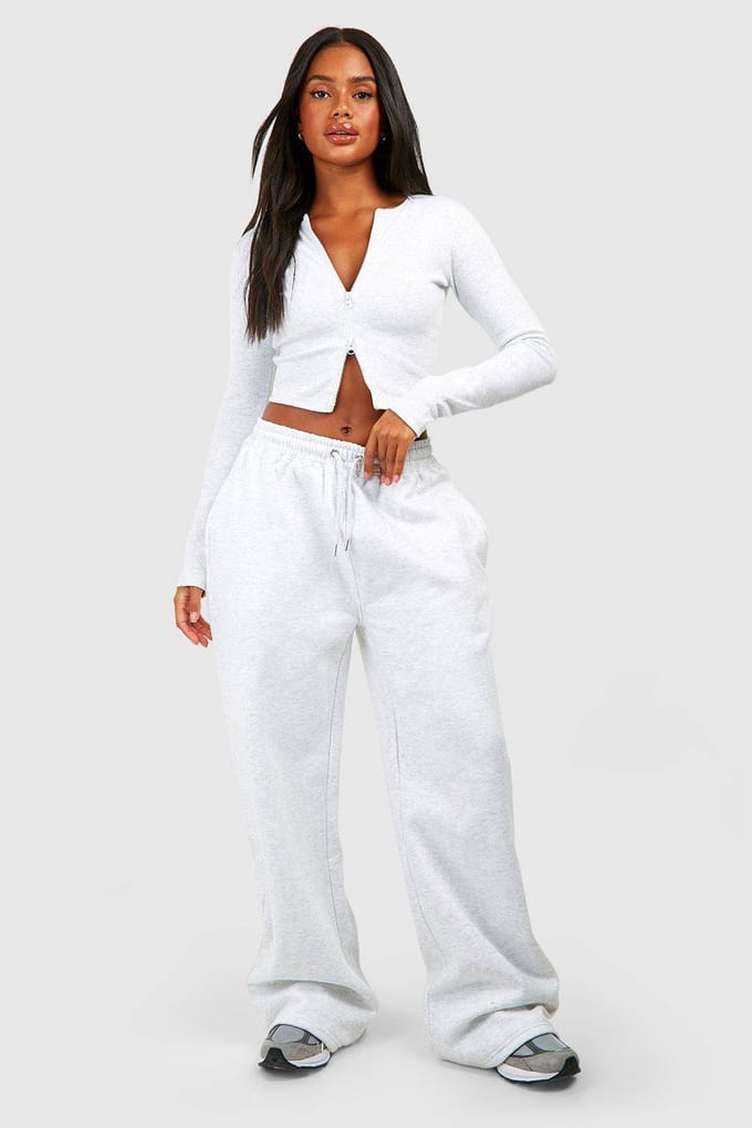 boohoo Dames Dubbele Rits Lange Mouw Geribde Top En Rechte Pijp Jogger Set | Asgrijs | Maat: Medium