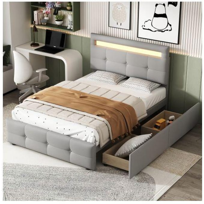 Lit rembourré - MUVOE - 90x200 cm - Éclairage LED - 2 tiroirs - Gris doux gris
