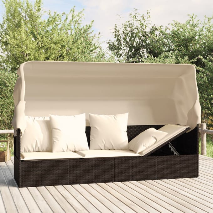 vidaXL - Loungebed - met - luifel - en - kussens - poly - rattan - bruin