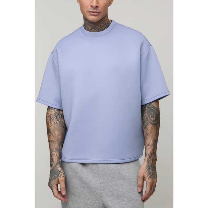 Tall Oversized Boxy Bonded Scuba T-Shirt | Dusty Blue | Size Medium
