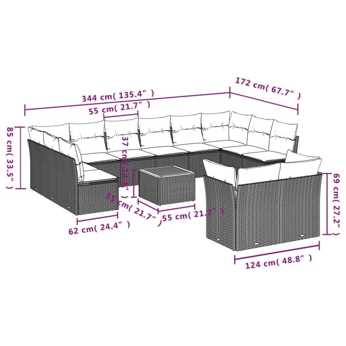 vidaXL - 13-delige - Loungeset - met - kussens - poly - rattan - grijs