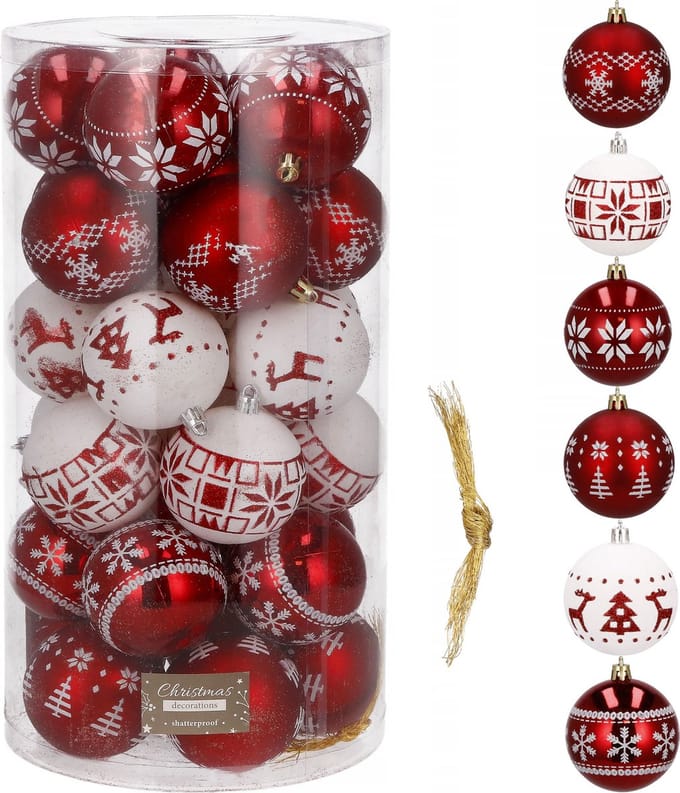 Springos Kerstballen | Kerstversiering | Onbreekbaar | 30 Stuks | 5 cm | Rood/Wit