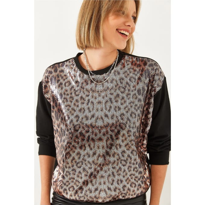 Leopardprint Sequinned Trui met Ronde Hals