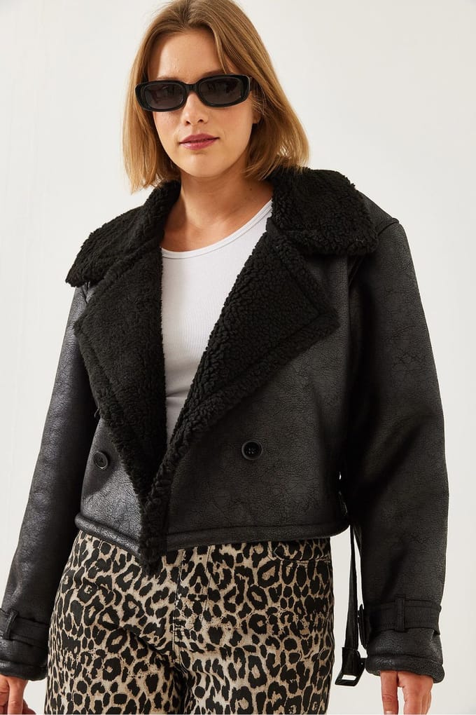 Faux leren cropped jasje met sjaalkraag