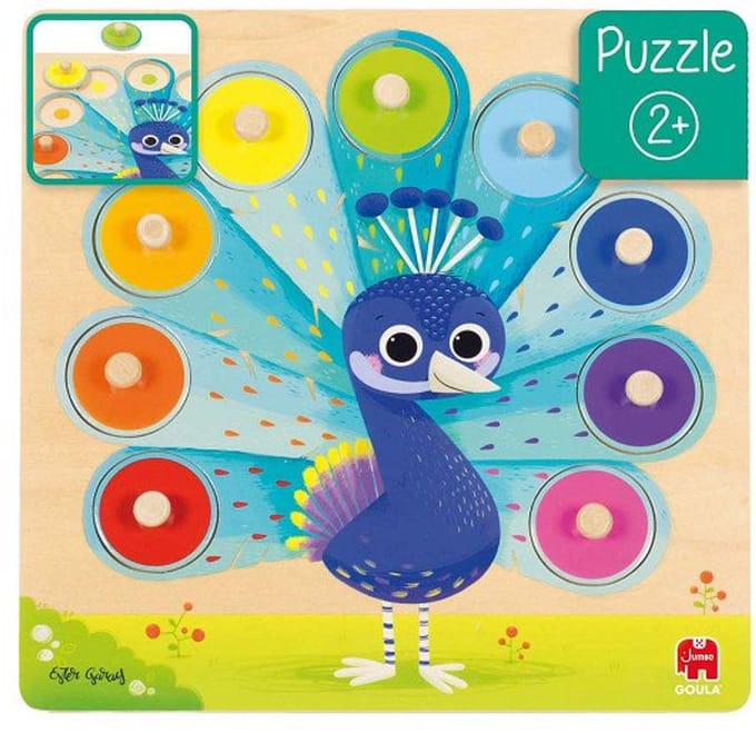 Jumbo - Goula - Houten Knoppuzzel Pauw - Kinderpuzzel - 9 stukjes