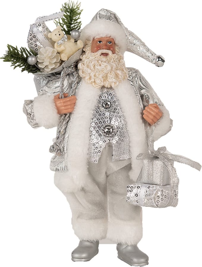 Clayre & Eef Kerstdecoratie Beeld Kerstman 27 cm Zilverkleurig Kunststof