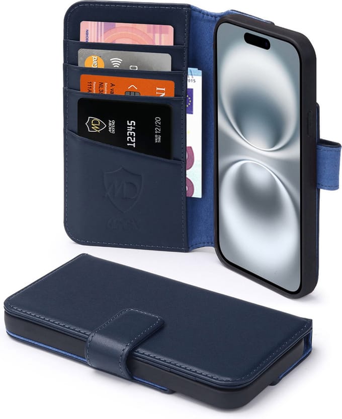 MobyDefend Hoesje - Geschikt voor iPhone 16 - Luxe Leren Wallet Bookcase - Blauw