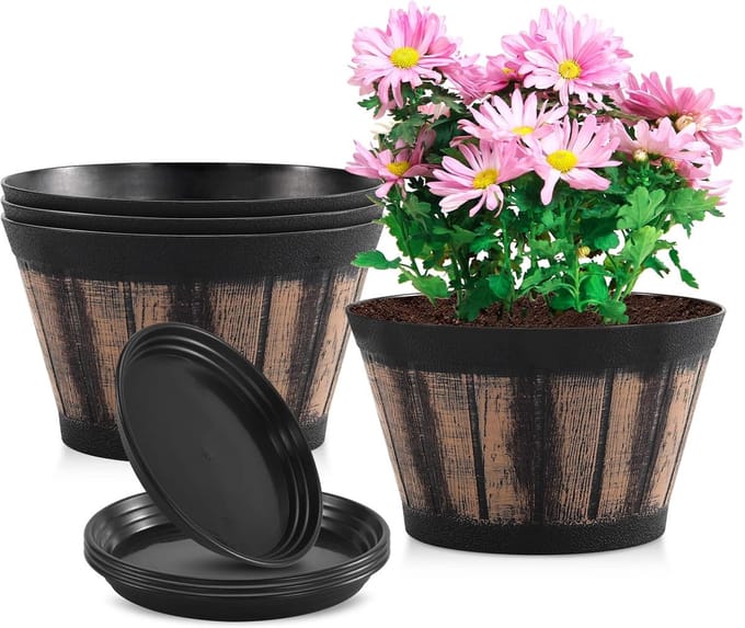 Famanu - Set van 4 plastic whiskyvat bloempotten 20 cm bruin
