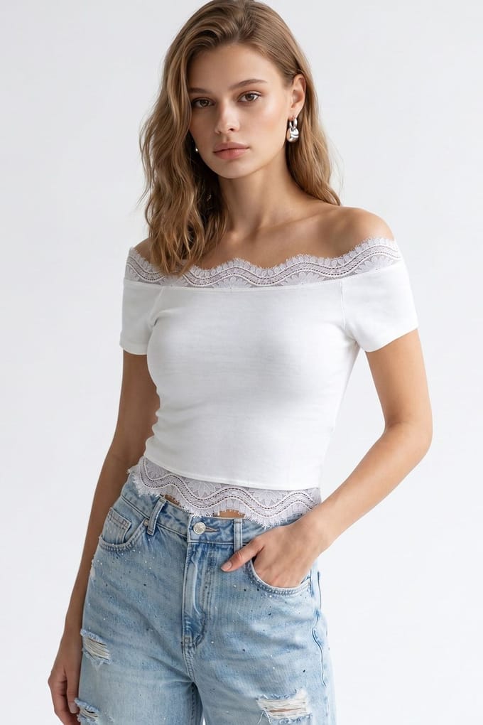 Geborduurde Slim-fit Boot Hals Croptop