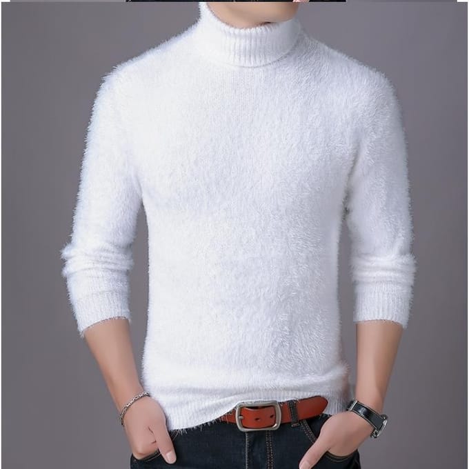Pull d'hiver à col semi-haut pour hommes avec velours épais et base en tricot lâche XL white