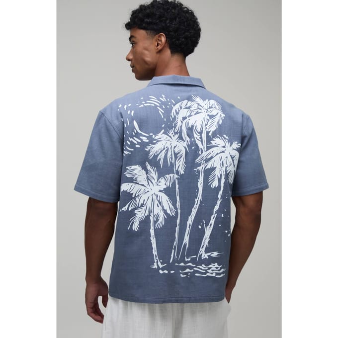Oversized Korte Mouw Shirt Met Contrasterende Palmbomenprint | Grey | Size Large