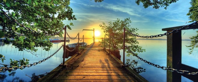 Path Pier Trees Boats Sunset  Photo Wallcovering