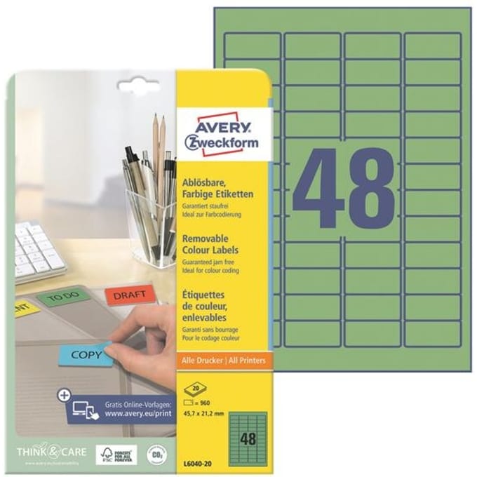 Etiket avery zweckform l6040-20 45.7x21.2mm groen 960stuks