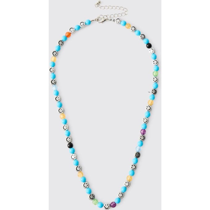 Blue Beaded Necklace with Silver Smiley Face Charms