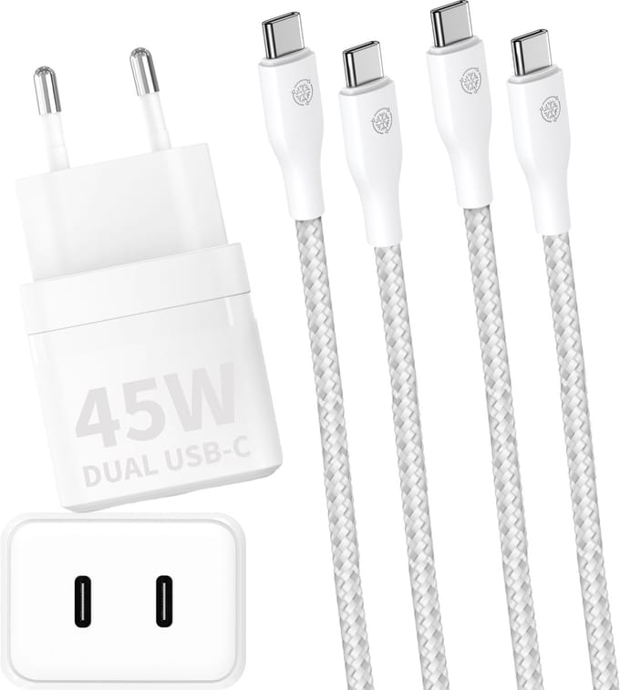 45W Snellader met 2x USB-C Kabel 1 Meter - Super Fast Charger - 45W - Origineel Phreeze