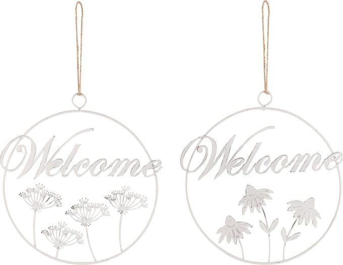 Dekoratief | Hanger ring 'Welcome', wit, metaal, 18x18cm, set van 2 stuks | A240548