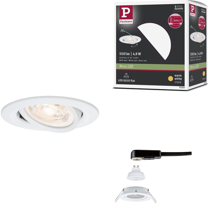 LED-inbouwlamp Nova GU10 Flat draaibaar 4,9W 550lm 230V 2700K Wit mat