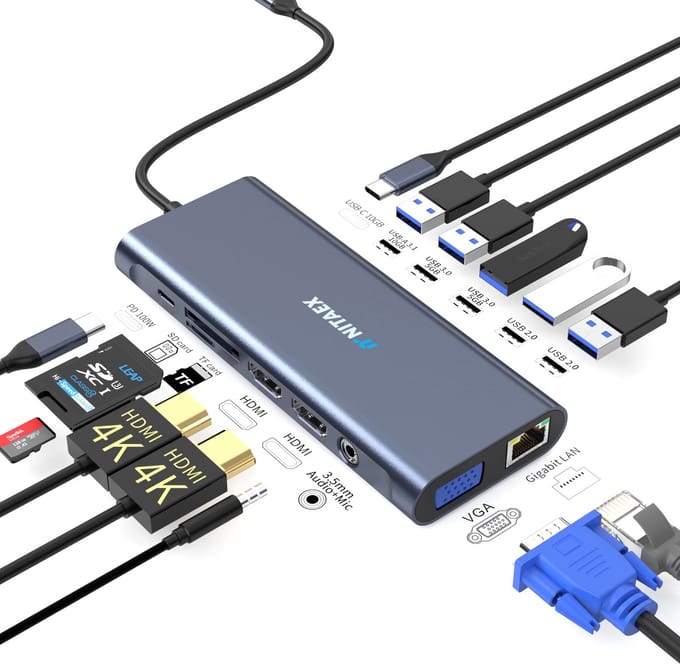 Nitaex - 14 in 1 Hub - USB-C Docking station - Maximale data-overdrachtssnelheid - Haarscherpe weergave - Lichtgewicht & Compact