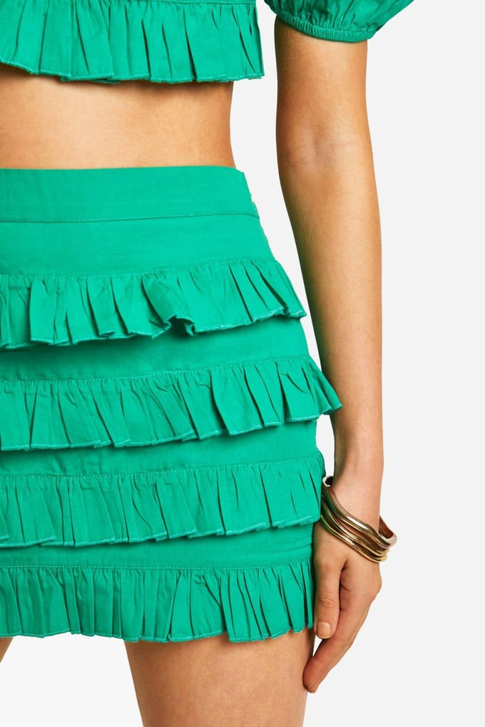 boohoo Dames Cotton Poplin Ruffle Mini Skirt | Groente | Maat: 38