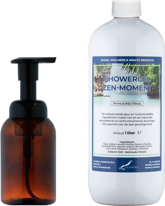 Zeepdispenser 300 ml amber bruin hervulbaar + 1 liter Showergel Zen Moment navulling