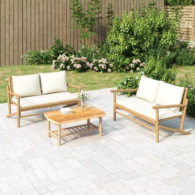 vidaXL - 3-delige - Loungeset - met - kussens - bamboe - crèmewit