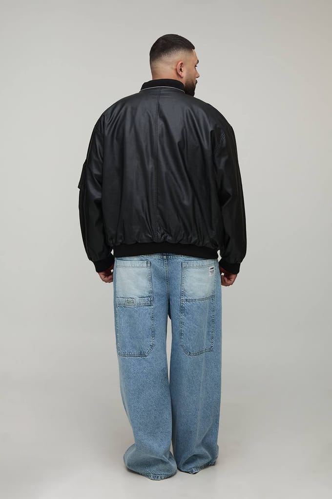 Plus Leather Look Double Zip Oversized MA1 Bomber Jacket | Black | Size 2XL