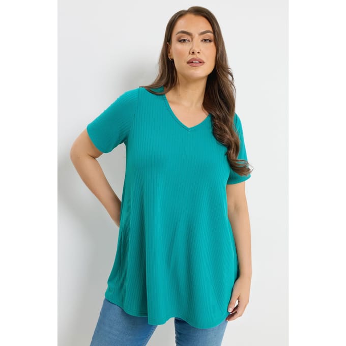 Yours Turkooisblauw Geribd Swing Vhals Tshirt Size 50-52